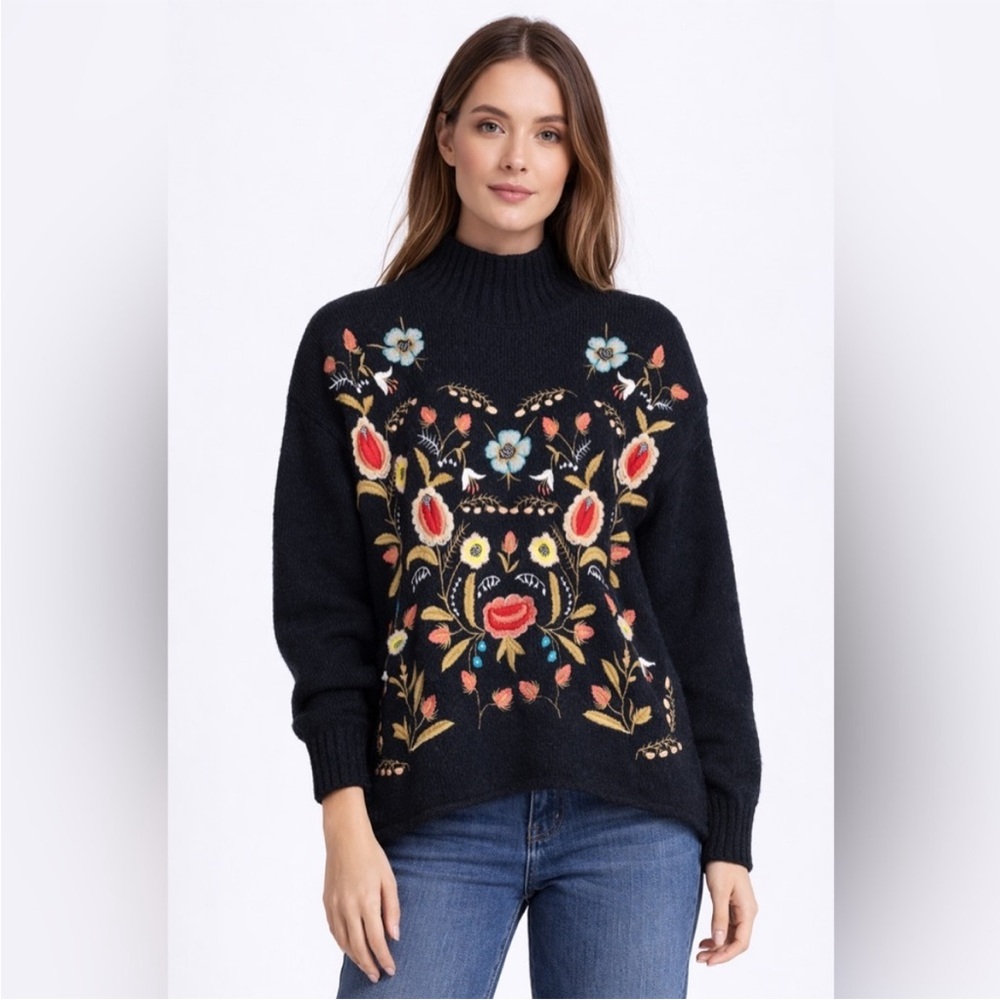 Cliche Floral Embroidered Mock Neck Sweater Navy Lg Grannycore Cottagecore Boho